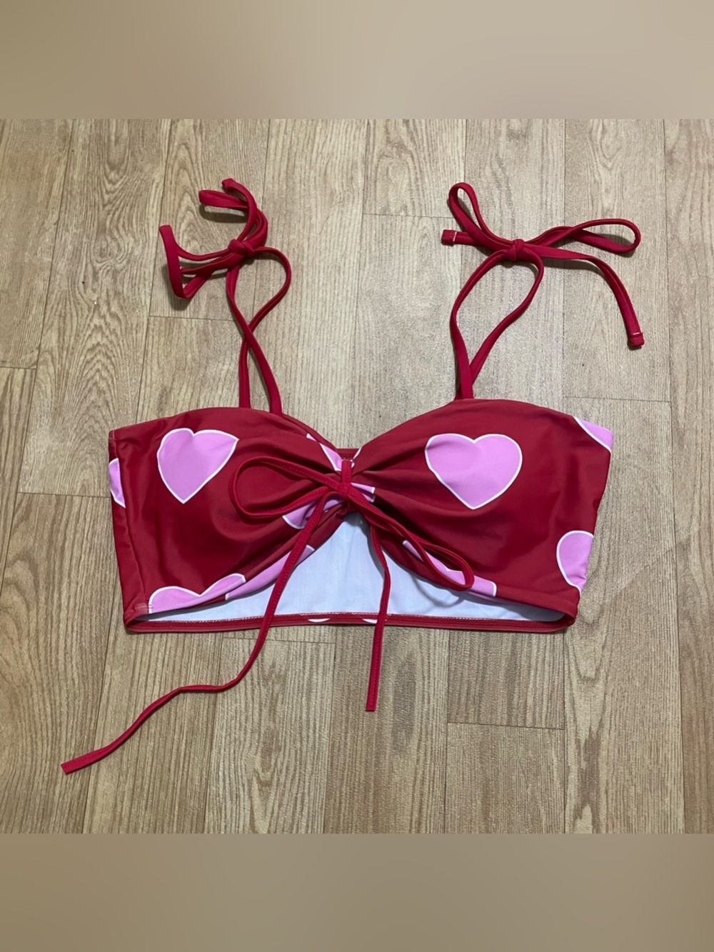 Plus Size Red Bikini Top with Pink Heart Print